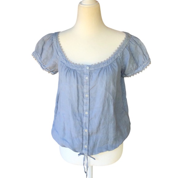 100 % Lino Blue Linen Cap Sleeve Bohemian Blouse with Silver Trim and tie Bottom
